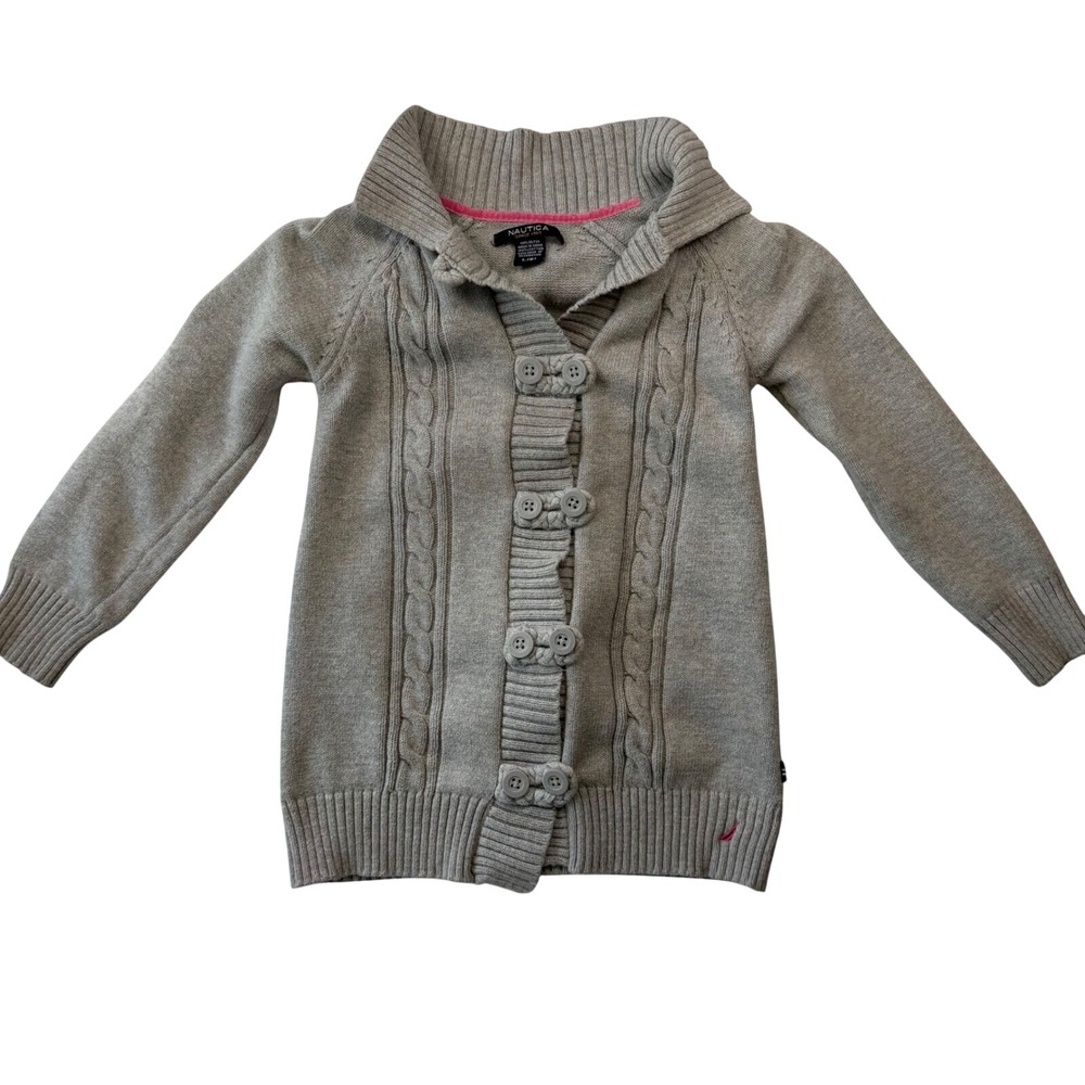 Nautica Girls Gray Cable Knit Cardigan Sweater‎ Shawl Collar Size L 6 Cotton